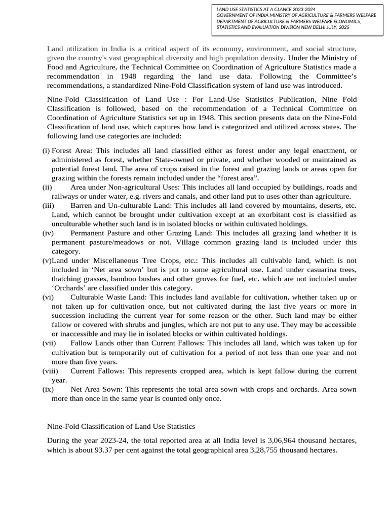 Land Use Patterns in India 2023-24 | PDF | Agriculture | Forests
