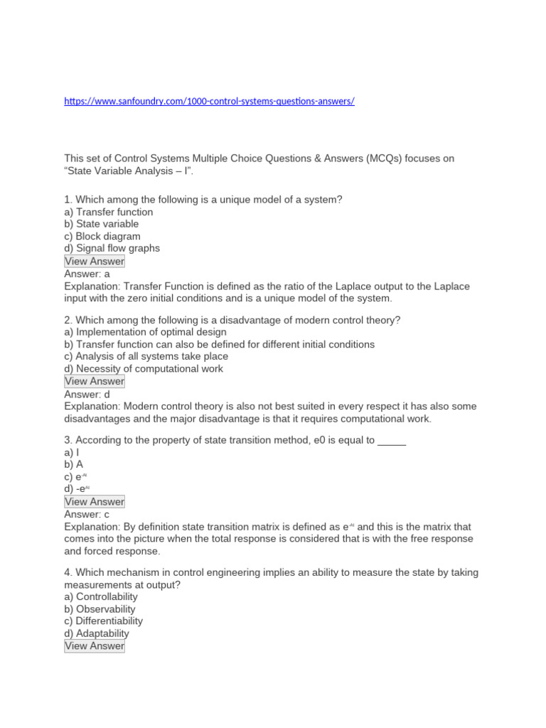 Control Systems MCQs: State Variables & Stability | PDF | Control ...