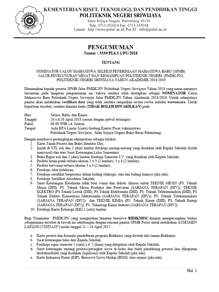 Nominator SPMB Polsri 2018/2019 | PDF