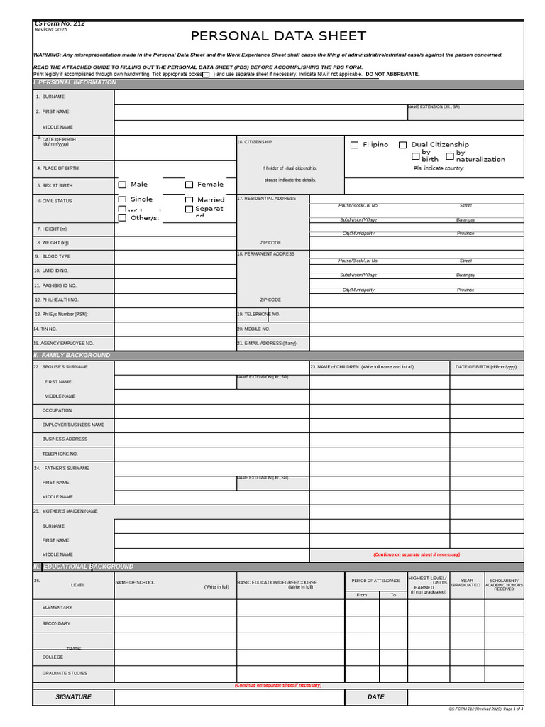Personal Data Sheet Template 2025 | PDF | Government And Personhood ...