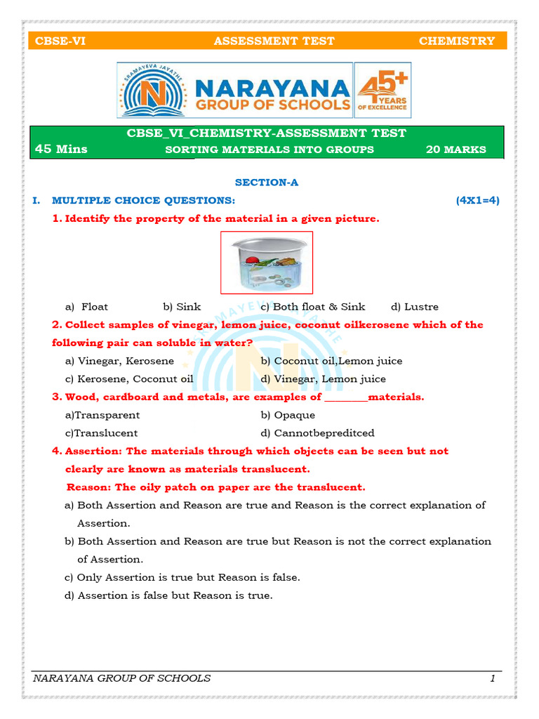 Cbse - VI - Che - Sorting Materials Into Groups - Assessment Test QP ...
