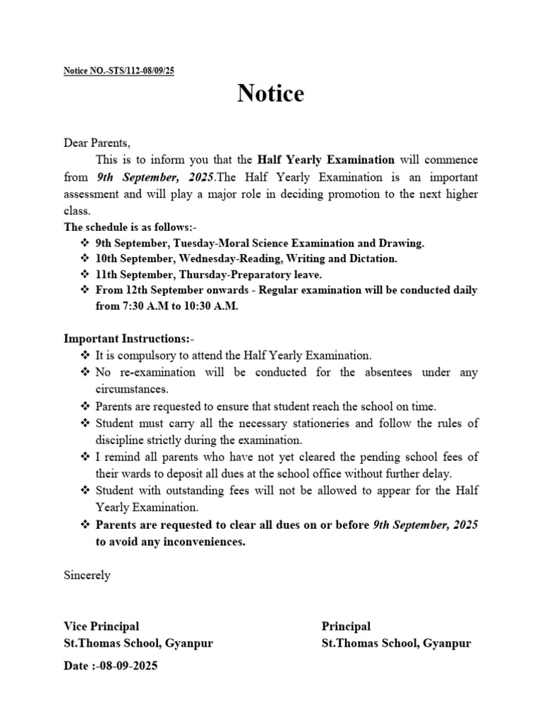 Notice Half Yearly Exam 25 | PDF