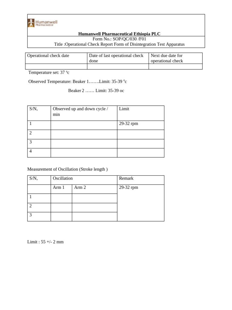 Operational Check Report Form of Disintegration Test Apparatus 11 | PDF