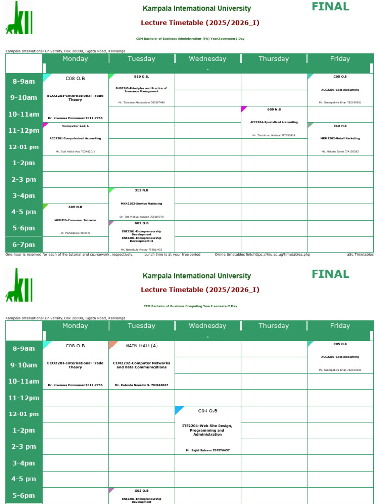KIU 2025/2026 Final Timetable | PDF | Educational Stages | Business