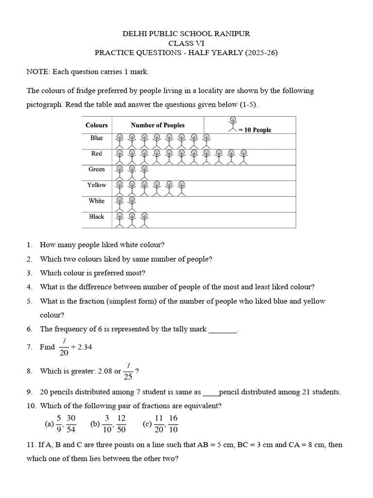 Class VI Half-Yearly Practice Questions | PDF