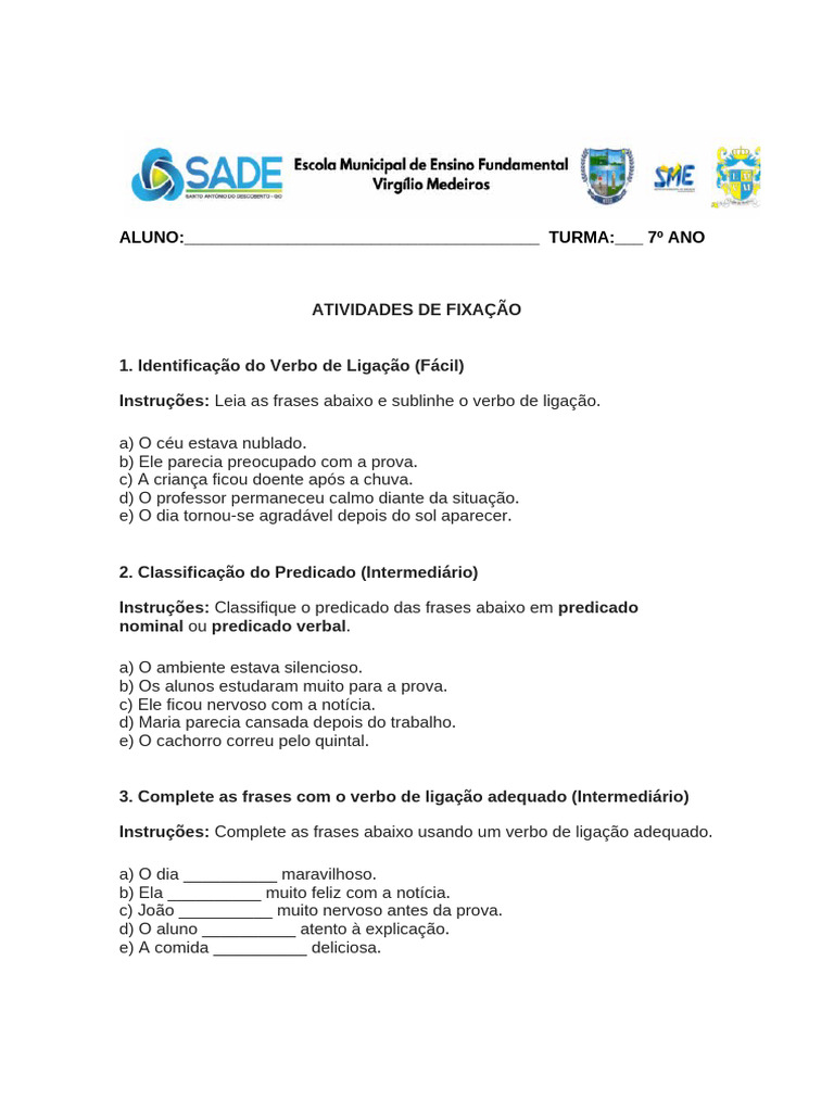 Atividades de Verbo de Ligação 7º Ano | PDF