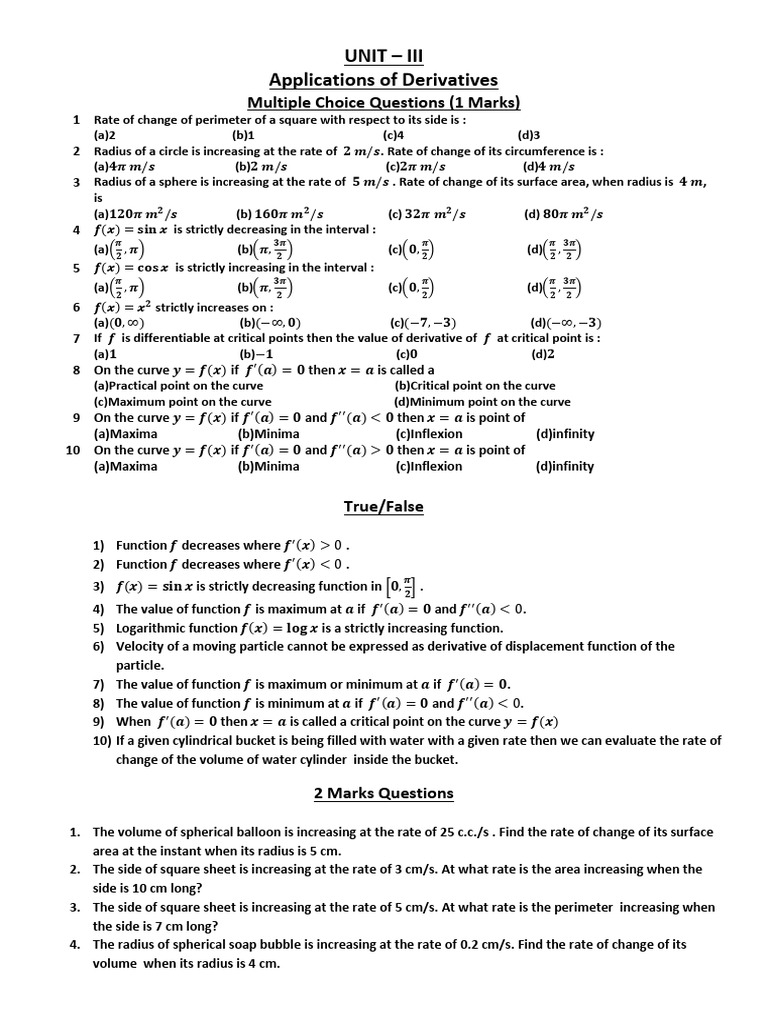 Derivative Applications MCQs and Problems | PDF | Area | Sphere