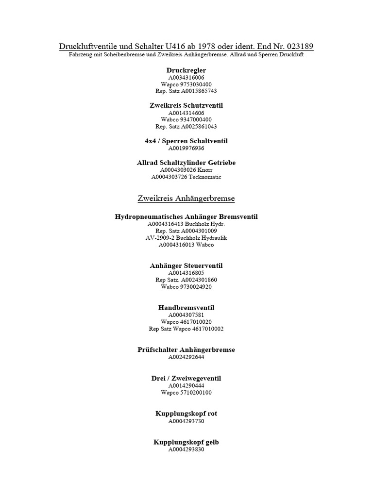 Druckluftventile Und Schalter U416 Ab 1978 Oder Ident | PDF