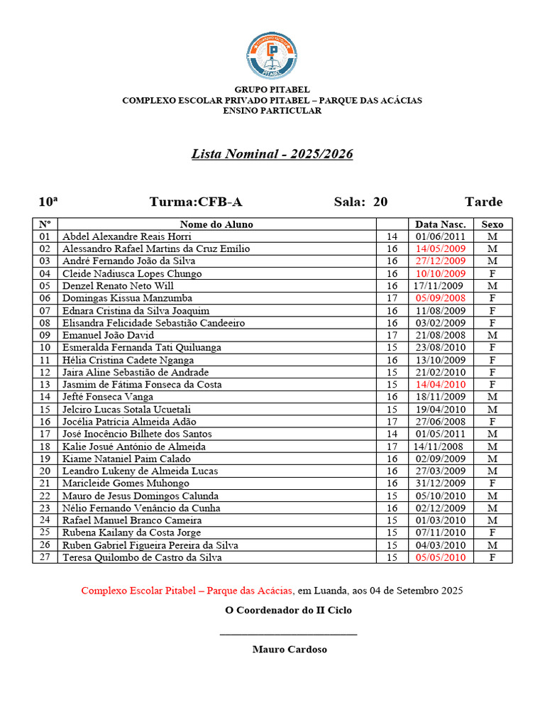 Lista Nominal 2025/2026 - Pitabel | PDF
