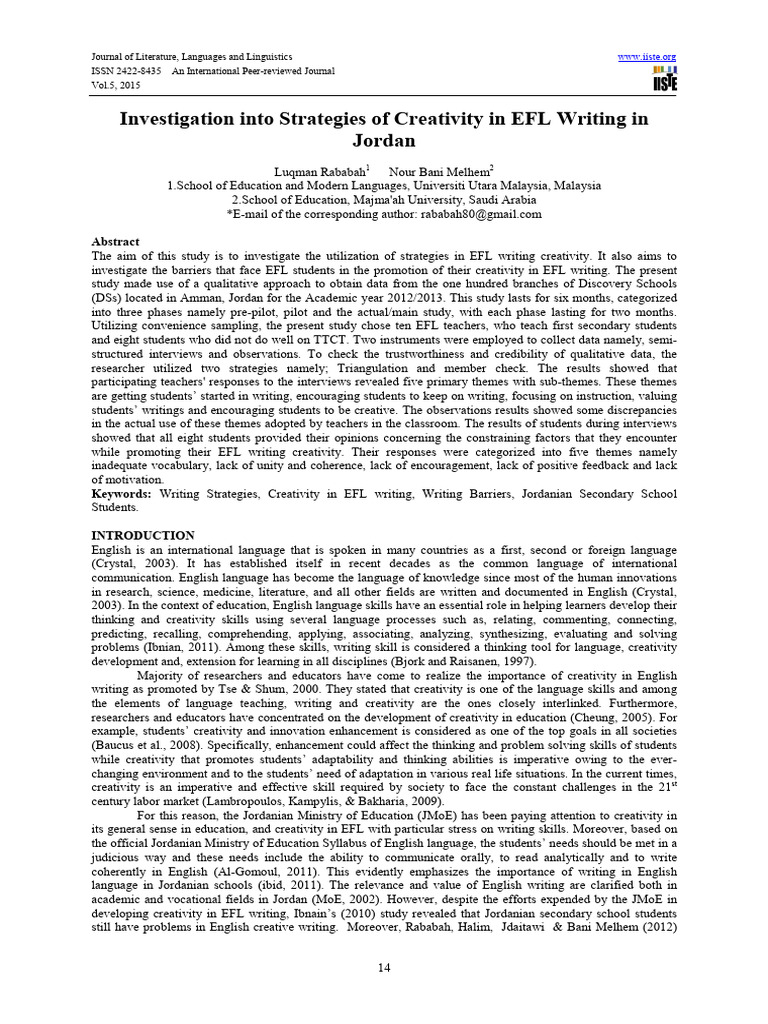 Investigation Into Strategies of Creativity in EFL Writing in Jordan ...