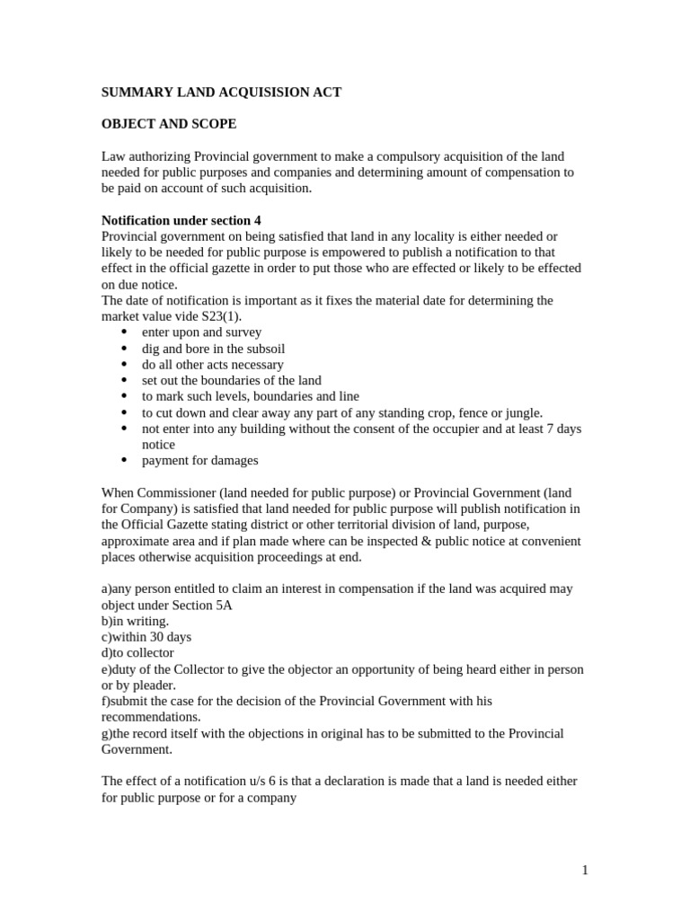 Summary of Land Acquisition Act | PDF | Eminent Domain | Government