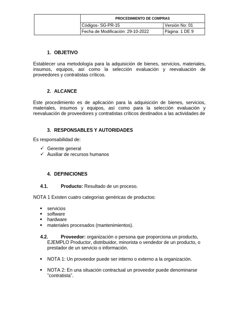 Procedimiento de Compras y Proveedores | PDF