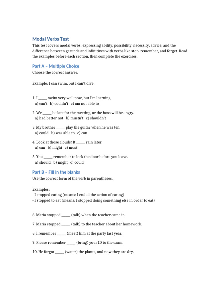 Modal Verbs Practice Test | PDF