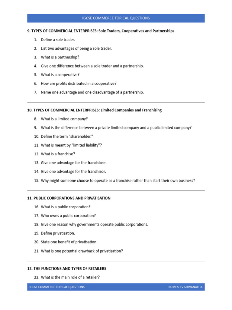 IGCSE Commerce Questions Guide | PDF | Franchising | Retail