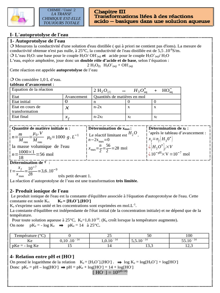 Autoprotolyse de l'eau et pH en chimie | PDF | Ph | Acide