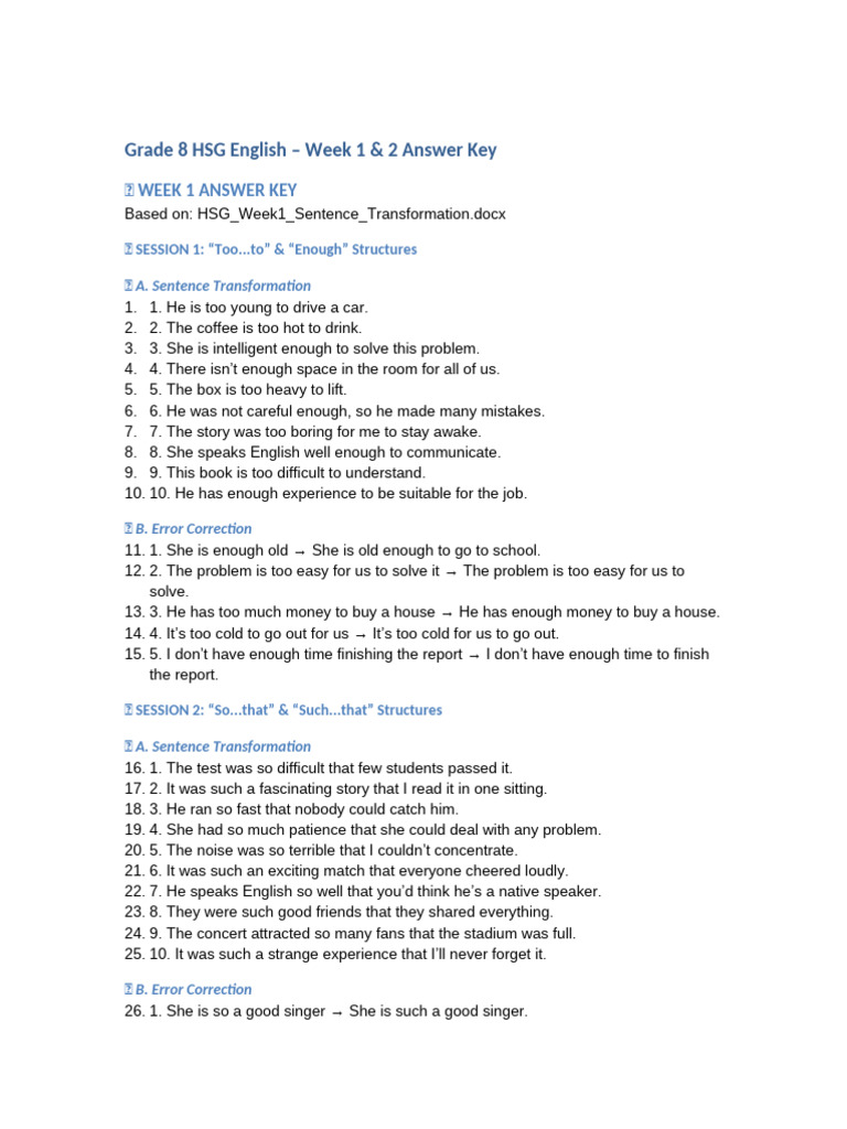 Grade 8 English HSG Answer Key Weeks 1-2 | PDF | Chess Openings | Chess ...