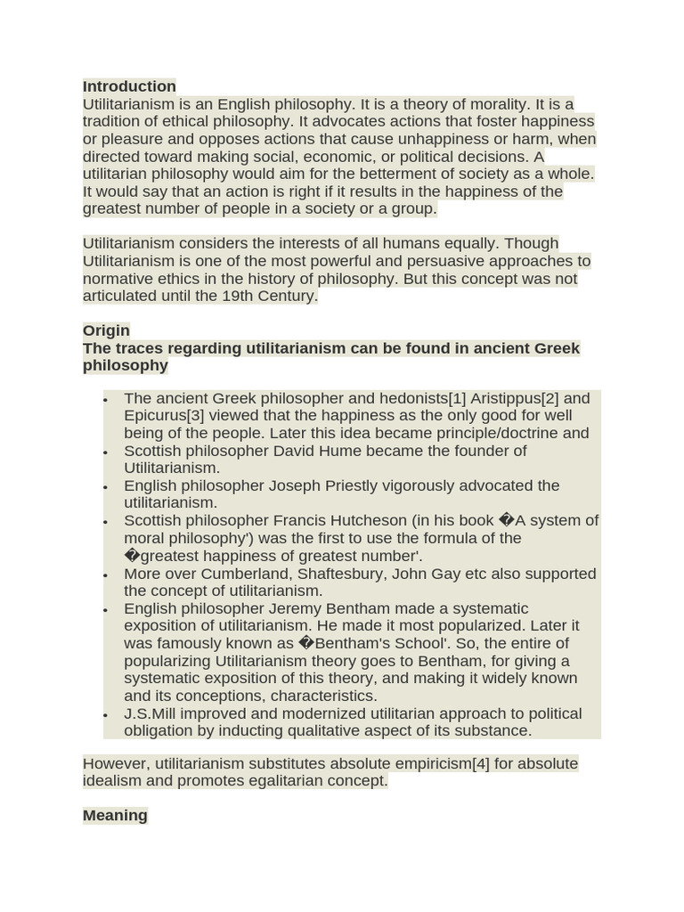 Overview of Utilitarianism Principles | PDF | Utilitarianism | Pleasure