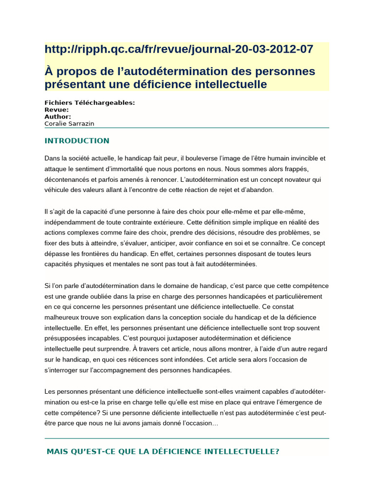 Autodétermination et déficience intellectuelle | PDF | Motivant ...