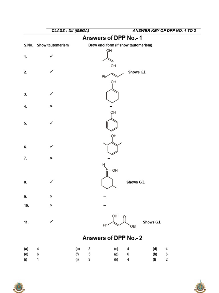 DPP Answer Keys for Class XII Chemistry | PDF | Chirality (Chemistry ...
