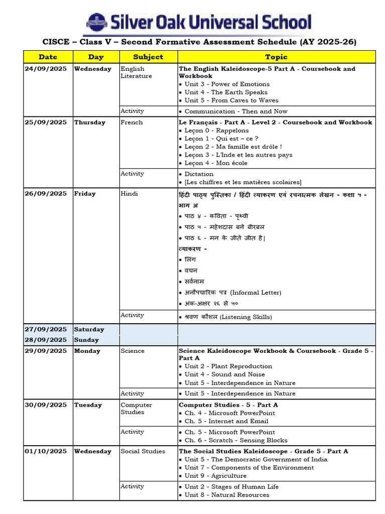 Class V Formative Assessment Schedule 2025-26 | PDF | Verb | English ...