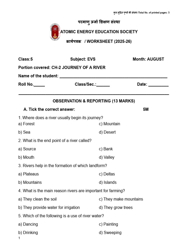 Worksheet Class-5 TWAU '25 L-2 | PDF | River | Water