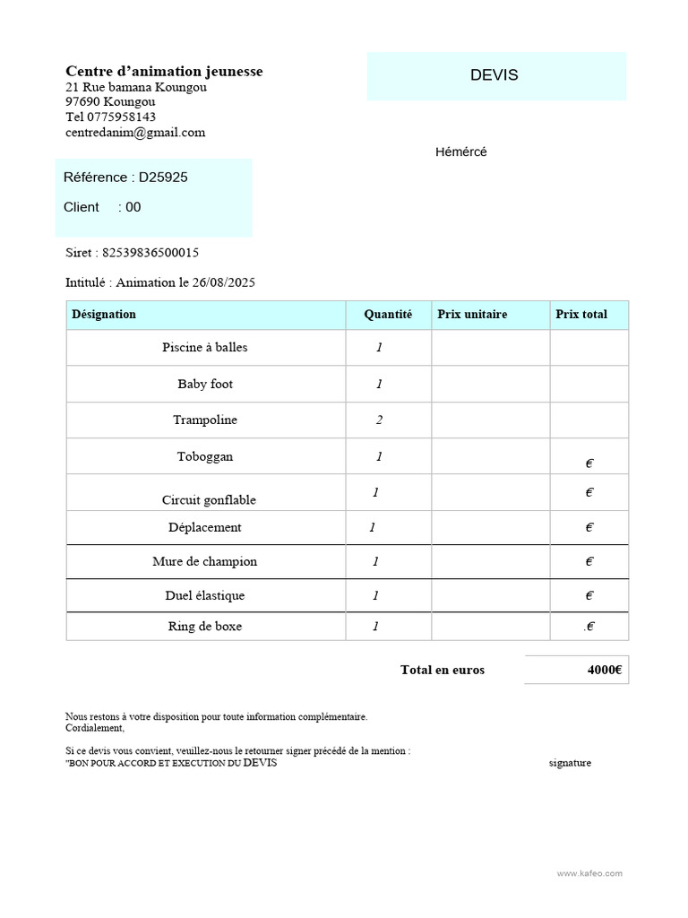 Devis d'animation jeunesse - 26/08/2025 | PDF