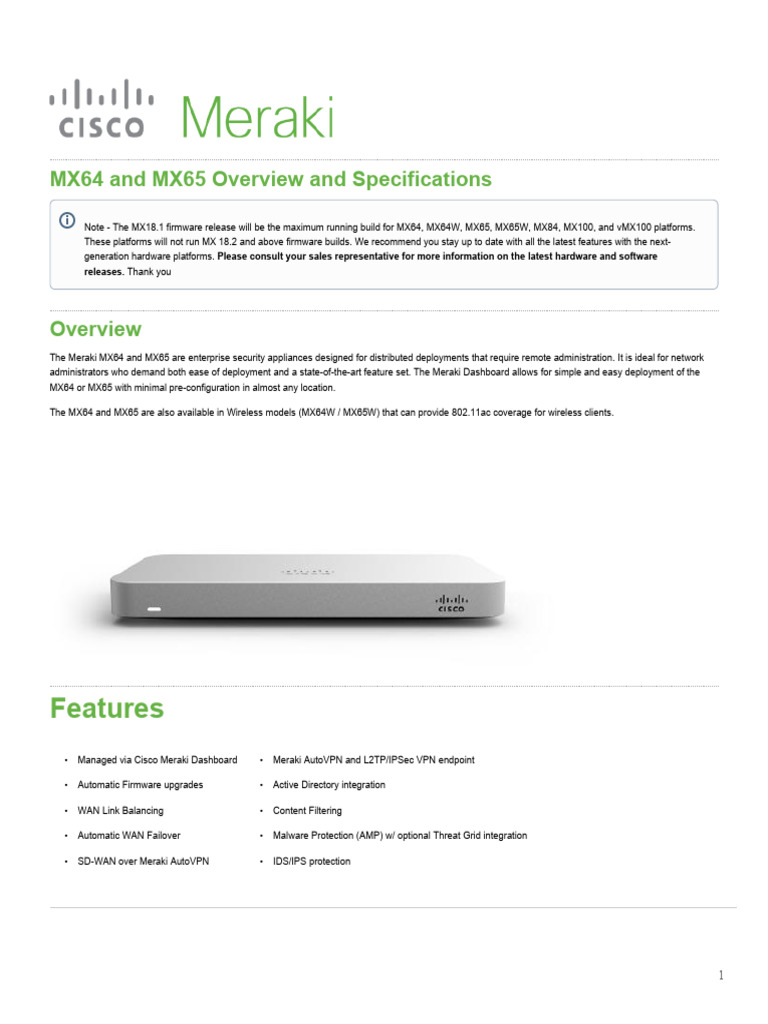 Meraki MX64 and MX65 Specifications | PDF | Computer Network | Firewall ...