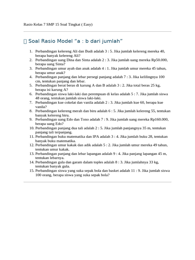 Soal Rasio Kelas 7 SMP: 15 Contoh | PDF