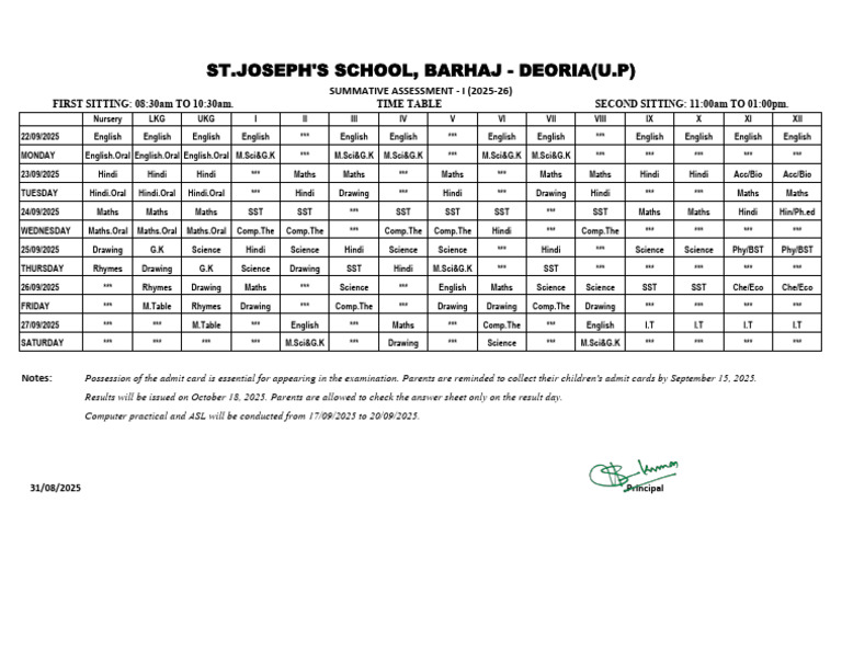 SA-1 Time Table 2025-26 | PDF