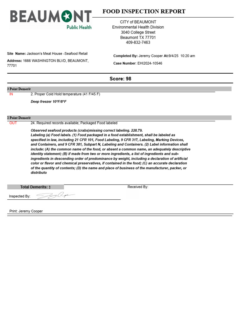 Jackson's Meat House Inspection Report | PDF | Food And Drink ...