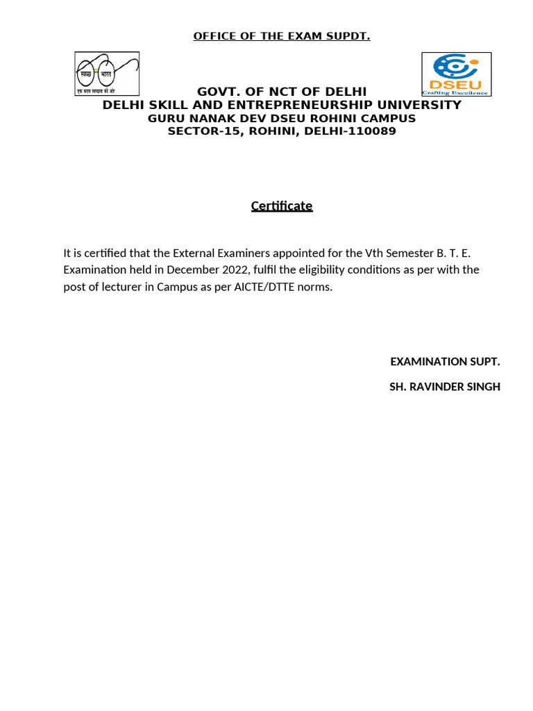 DSEU Rohini Campus Exam Certification | PDF