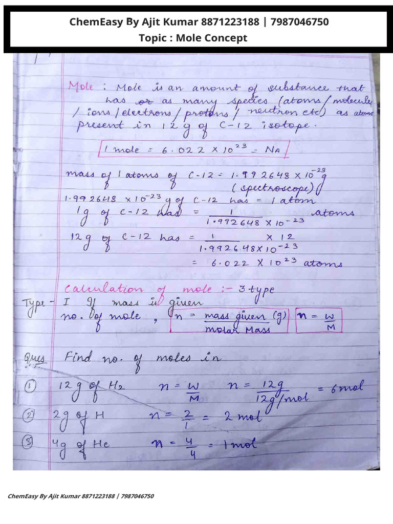 Mole Concept Notes by BeWise Classes | PDF