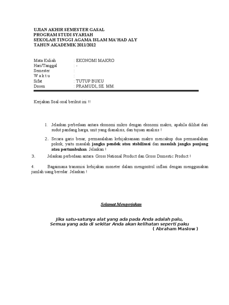 Soal Uts Ekonomi Makro