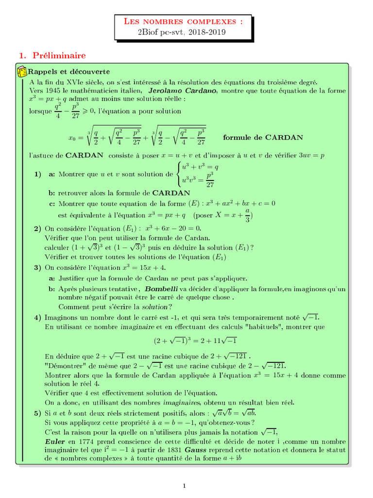 Introduction aux Nombres Complexes et Cardan | PDF | Nombre complexe ...