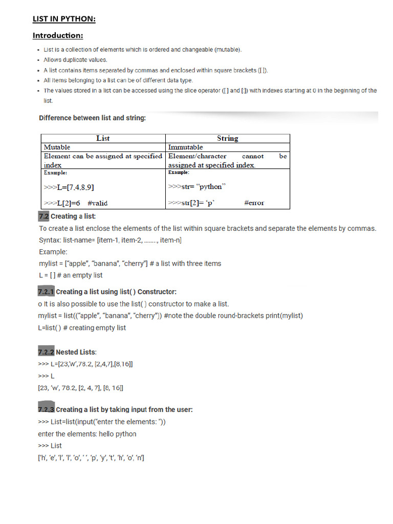 List in Python Class 11 | PDF