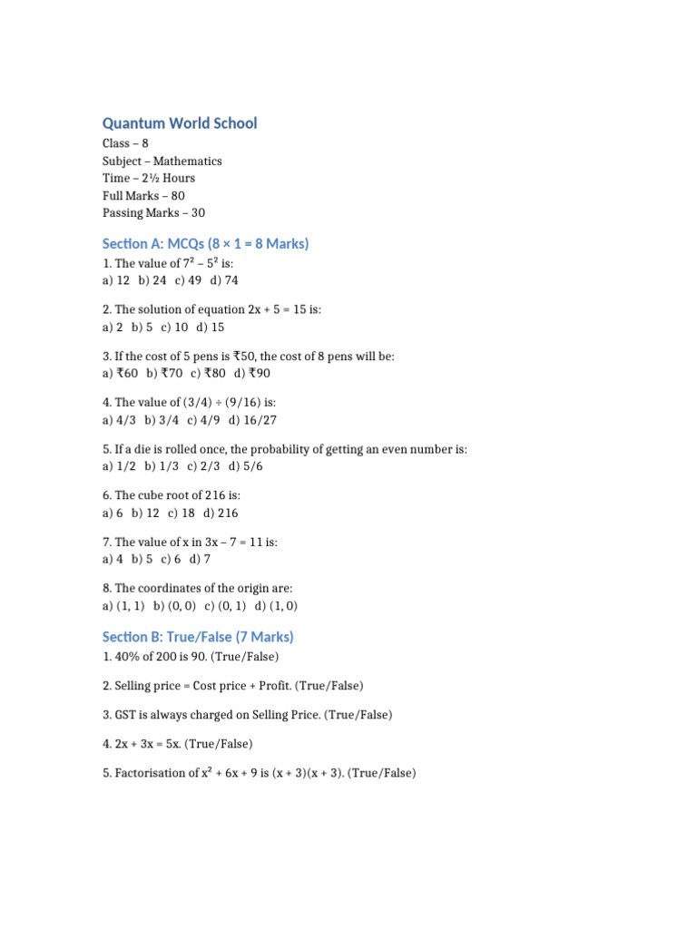 Class 8 Mathematics Exam Paper | PDF