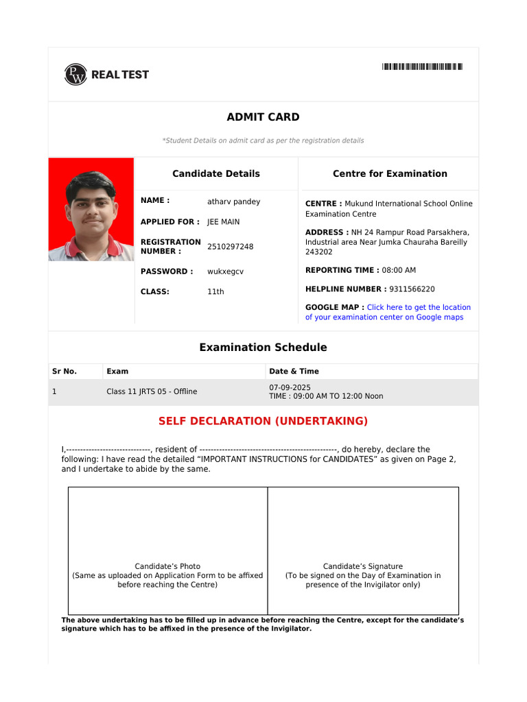 JEE Main Admit Card Instructions | PDF