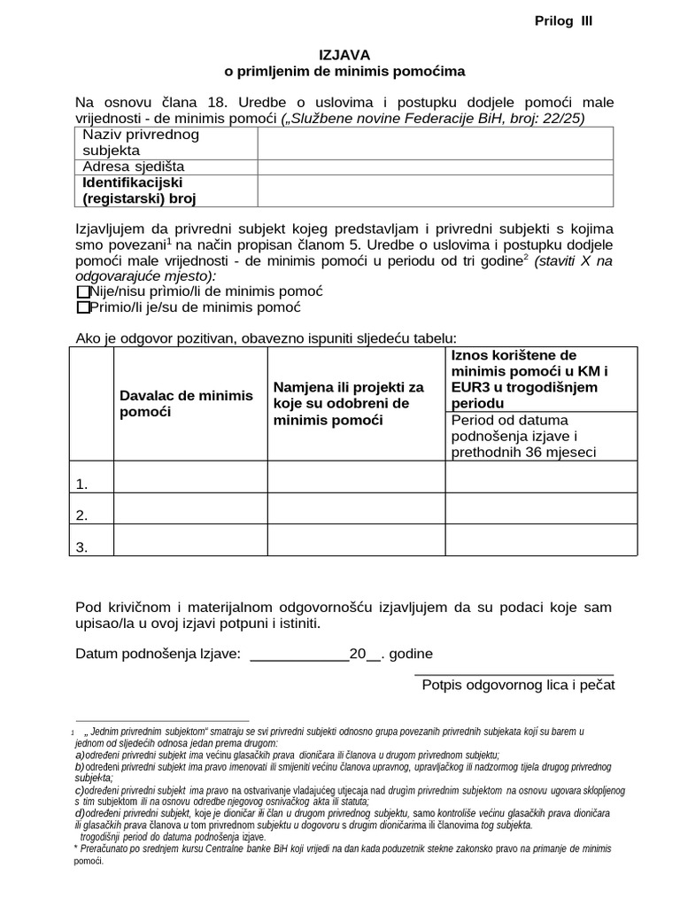 Prilog III - Izjava o Primljenim de Minimis Pomoćima | PDF