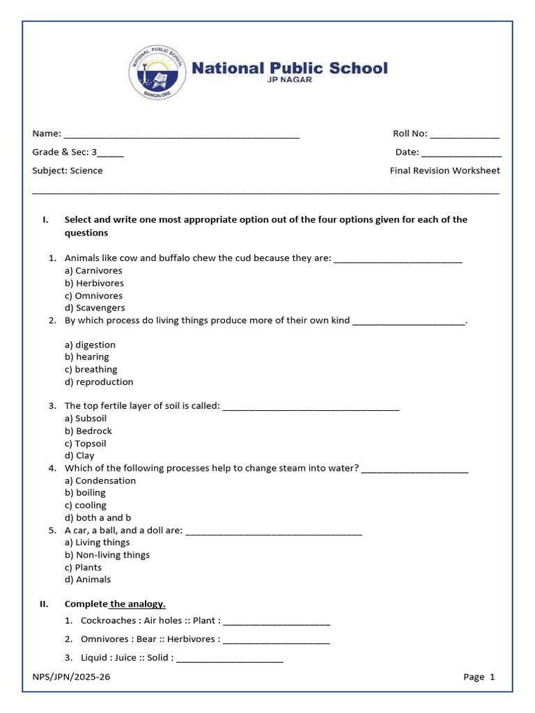 Grade 3 Science Final Revision Worksheet | PDF | Soil | Water