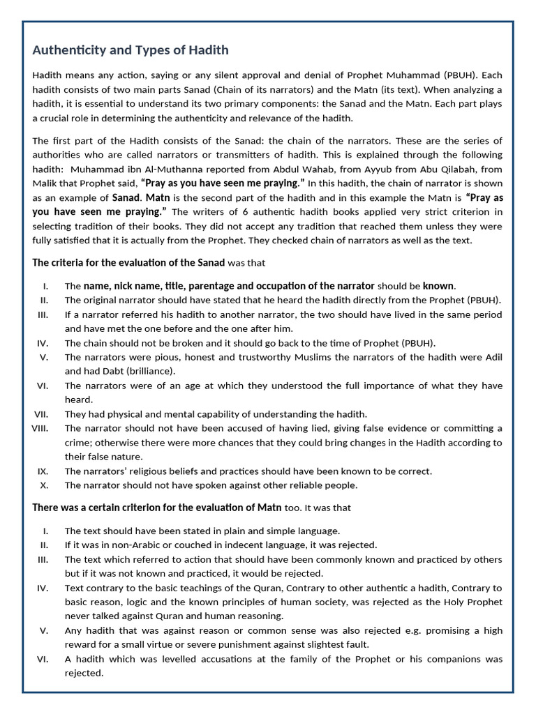 Authenticity and Types of Hadith | PDF | Hadith | Islamic Texts