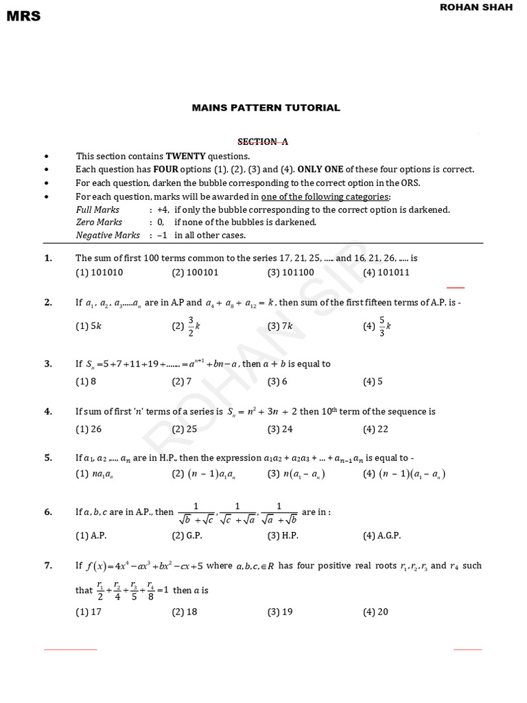 Sequence and Series Mains and Advanced Pattern Tutorial (MODULE BASED ...