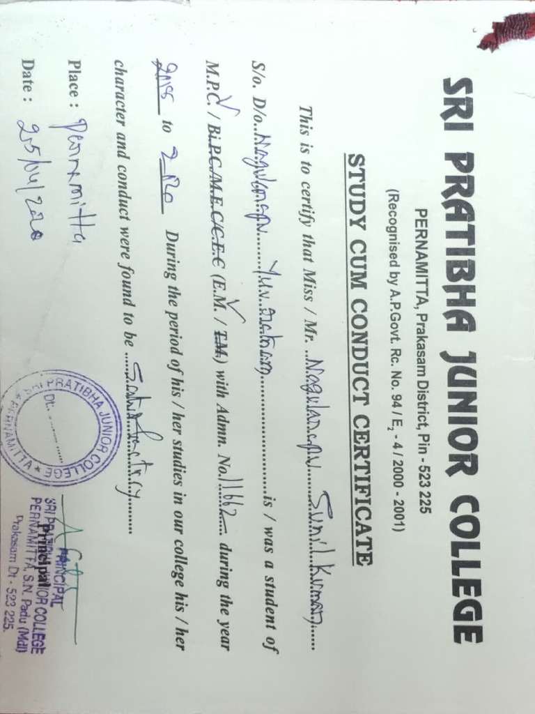 Intermediate Study Cum Conduct Certificate | PDF