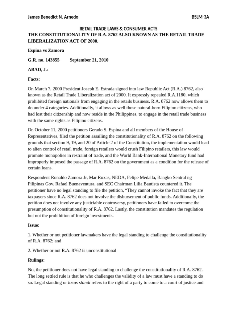 Constitutionality of R.A. 8762 Explained | PDF | Standing (Law ...