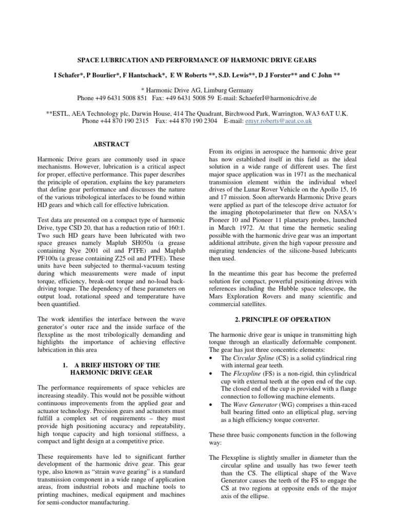Space Lubrication and Performance of Harmonic Drive Gears PDF Gear
