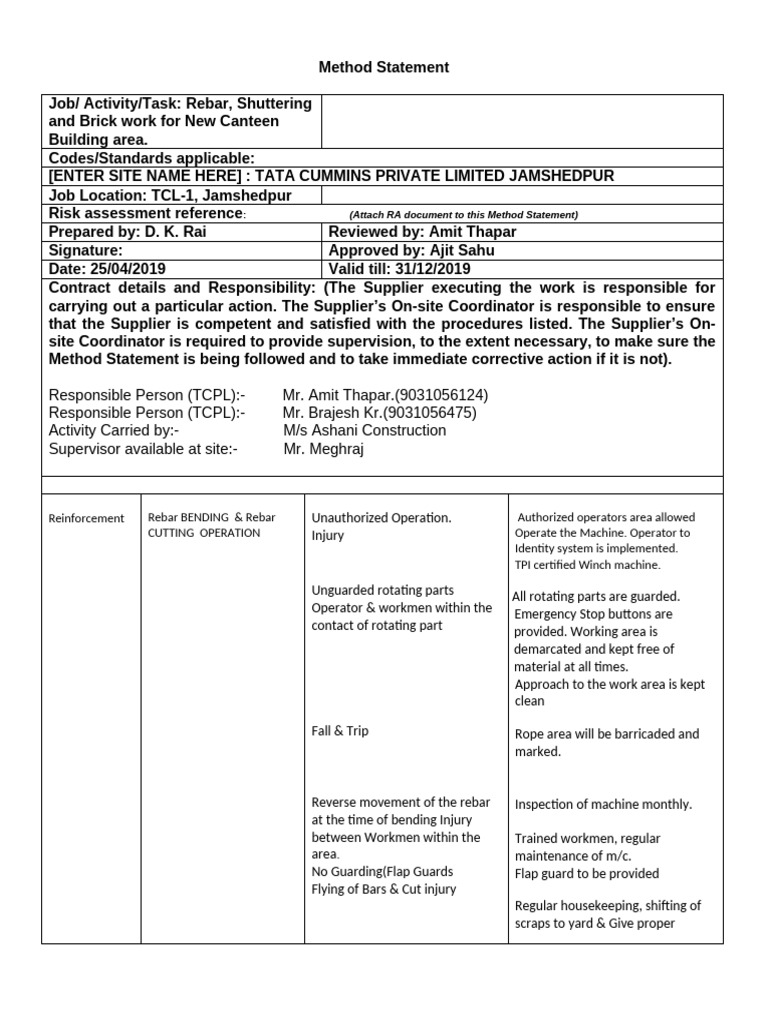 Rebar and Shuttering Safety Method Statement | PDF | Personal ...