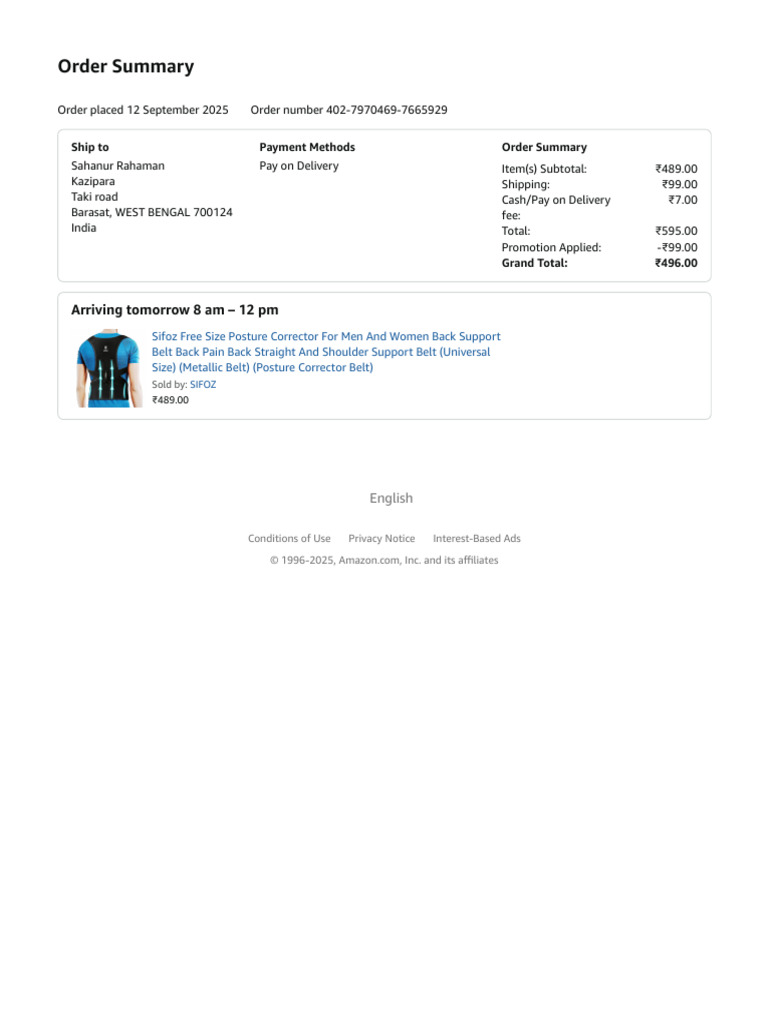 Amazon Order Summary for Posture Corrector | PDF