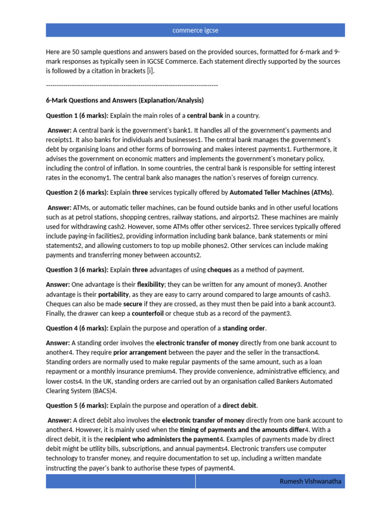 IGCSE Commerce: 50 Q&A Samples | PDF | Credit Card | Cheque