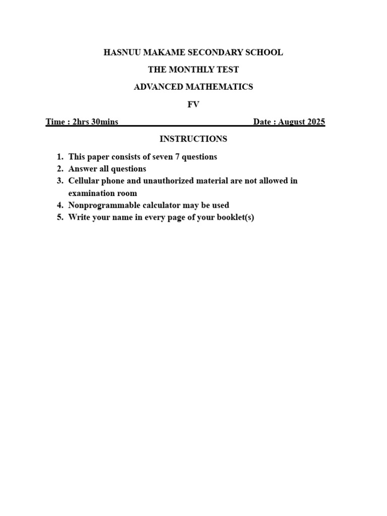 August 2025 Advanced Mathematics Test | PDF