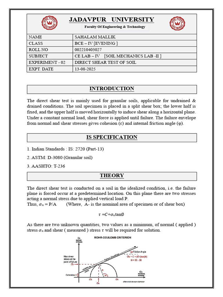 Experiment No - 02 II Direct Shear Test of Soil | PDF | Mechanical ...