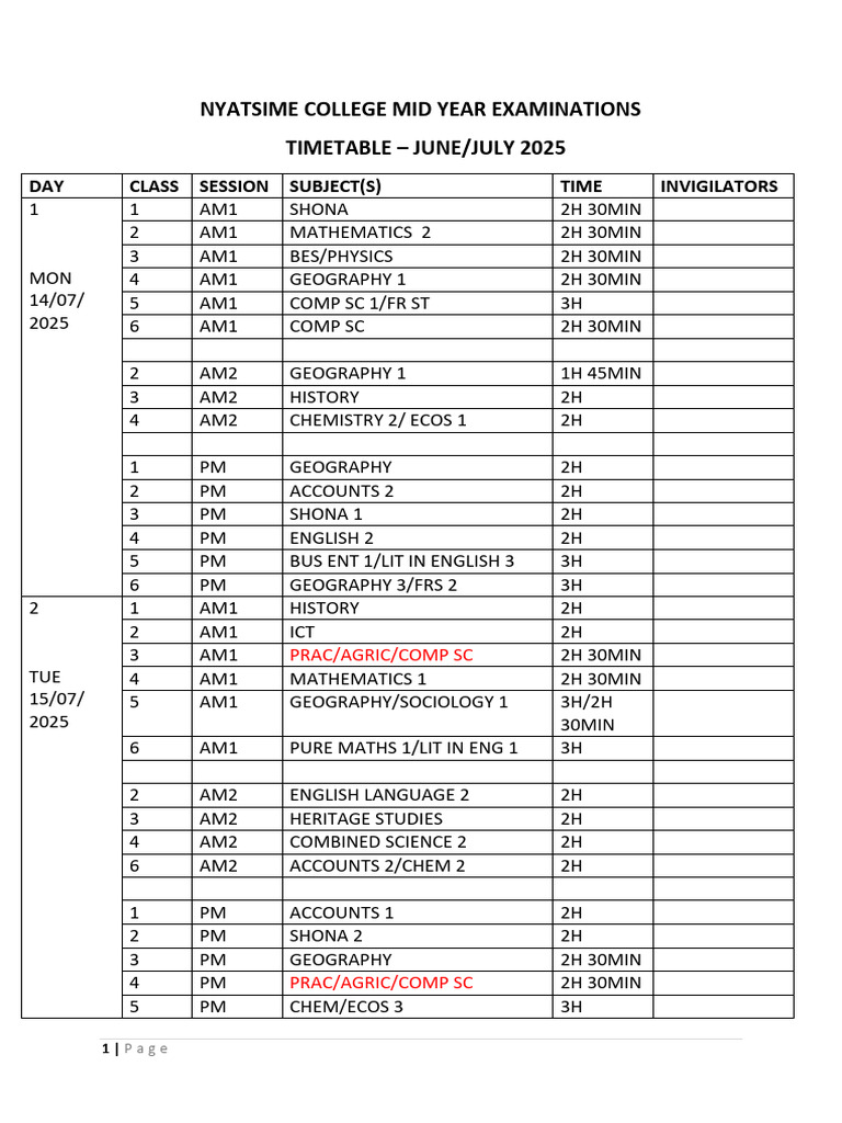 2025 Nyatsime College Mid Year Exam Timetable - Classes Final | PDF ...